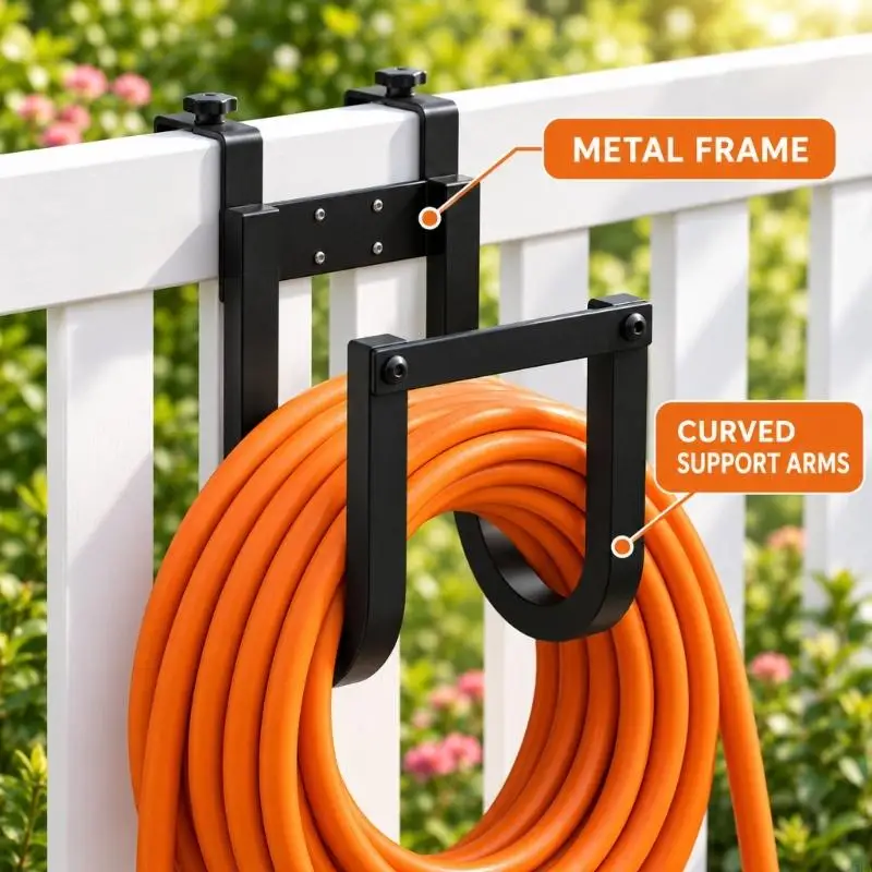 Metal Hose Hanger Rack with Two Curved Arms, Movable Over-Rail Clamps and Screw-Mounted Wall Placement for Keeping Coiled 87HA