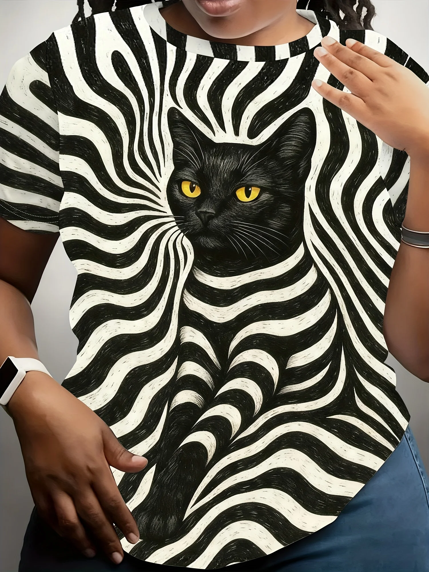 Women's T‑shirt Psychedelic Swirl Stripe Red Cat Art Graphic Short Sleeve O‑neck Summer Trendy Streetwear Women Tops