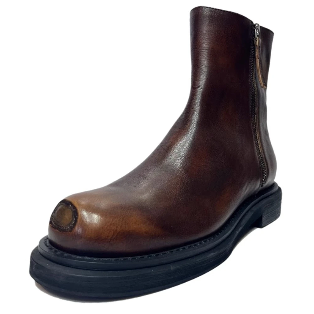 Fashion Genuine Leather Motorcycle Boots Steel Toe New British Style Retro Chunky Sole Sewing Zipper High Top Mid-calf Boots