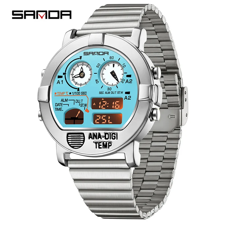 SANDA multi-function temperature measurement driver synchronized two-pin men's watch three-time zone sports student watch