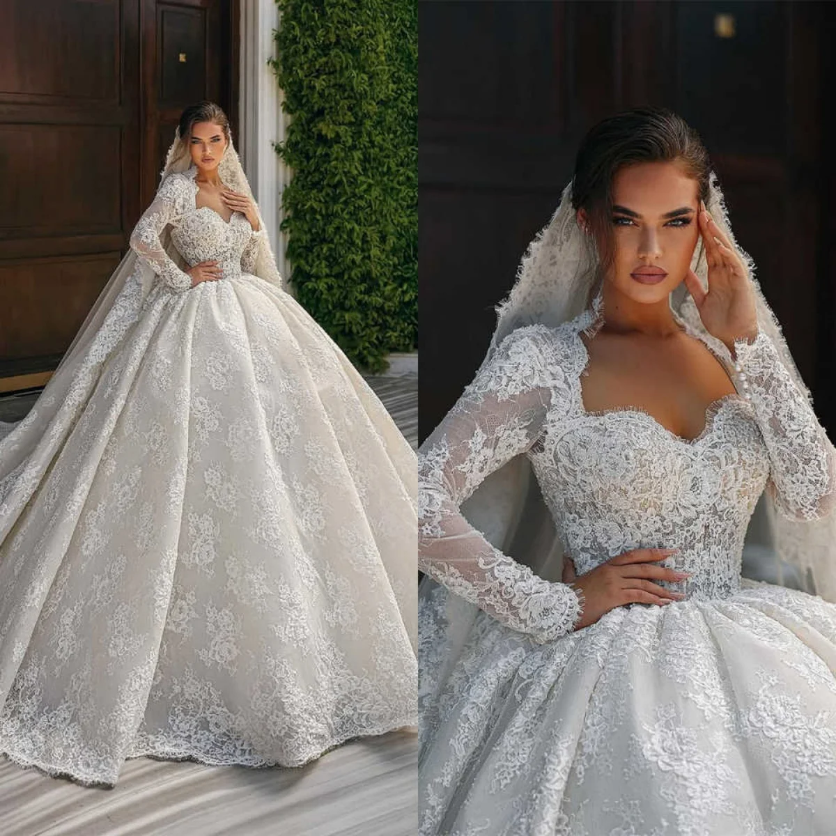 

Luxurious Wedding Dress Ball Gown Long Sleeve Sweetheart Lace Applique Bridal Gowns Customized Vestidos De Novia