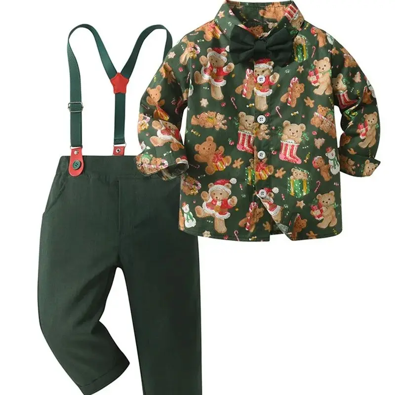 أطقم ملابس عيد الميلاد سانتا كلوز للأطفال الأولاد بأكمام طويلة وربطة عنق مع بنطال للأطفال ومهرجان عيد الميلاد والعام الجديد #4