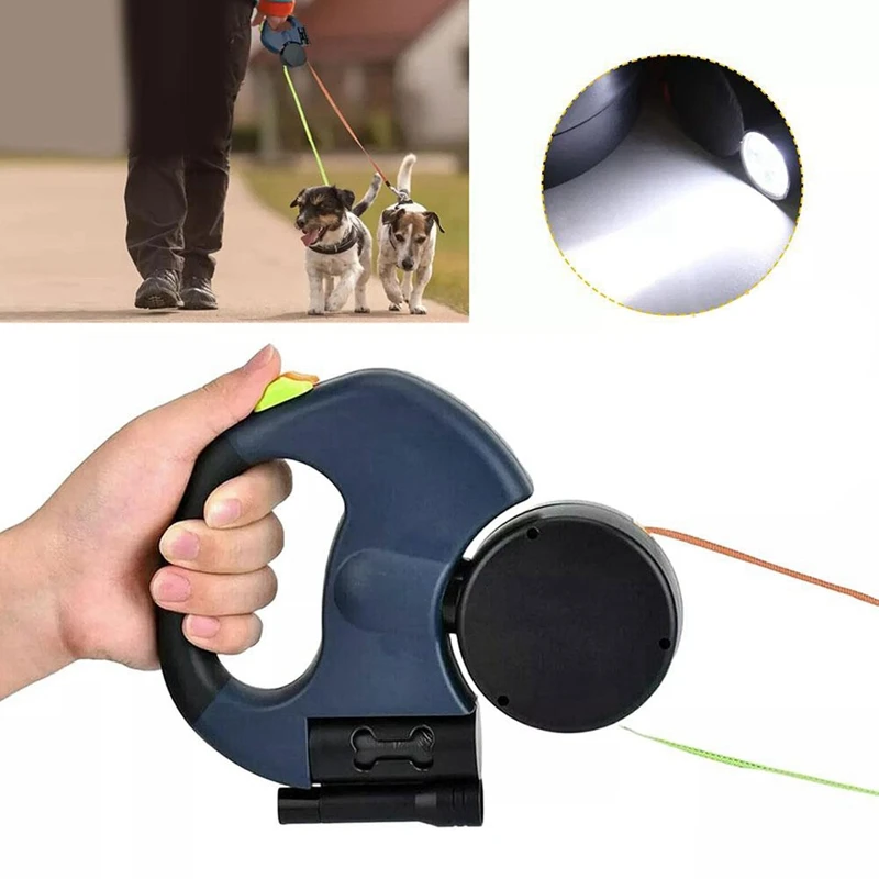 Auto Retractable Dual Dog Leash With Flashlight Waste Bag Box Roulette Double-Ended Traction Rope Pet Dog Supplies