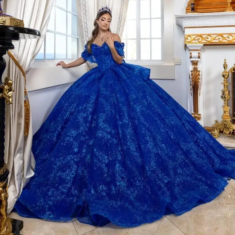 Personalizado azul real brilhante quinceanera vestidos de baile lantejoulas apliques rendas miçangas cristal tule vestidos de 15 años