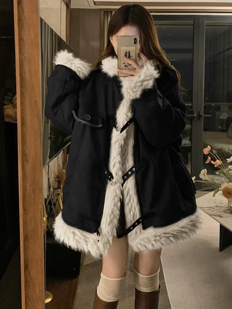 American Vintage Coats for Women Stand Neck Warm Thicken Fluffy Design Loose Jackets Winter Streetwear Lazy Style Clothing 2024