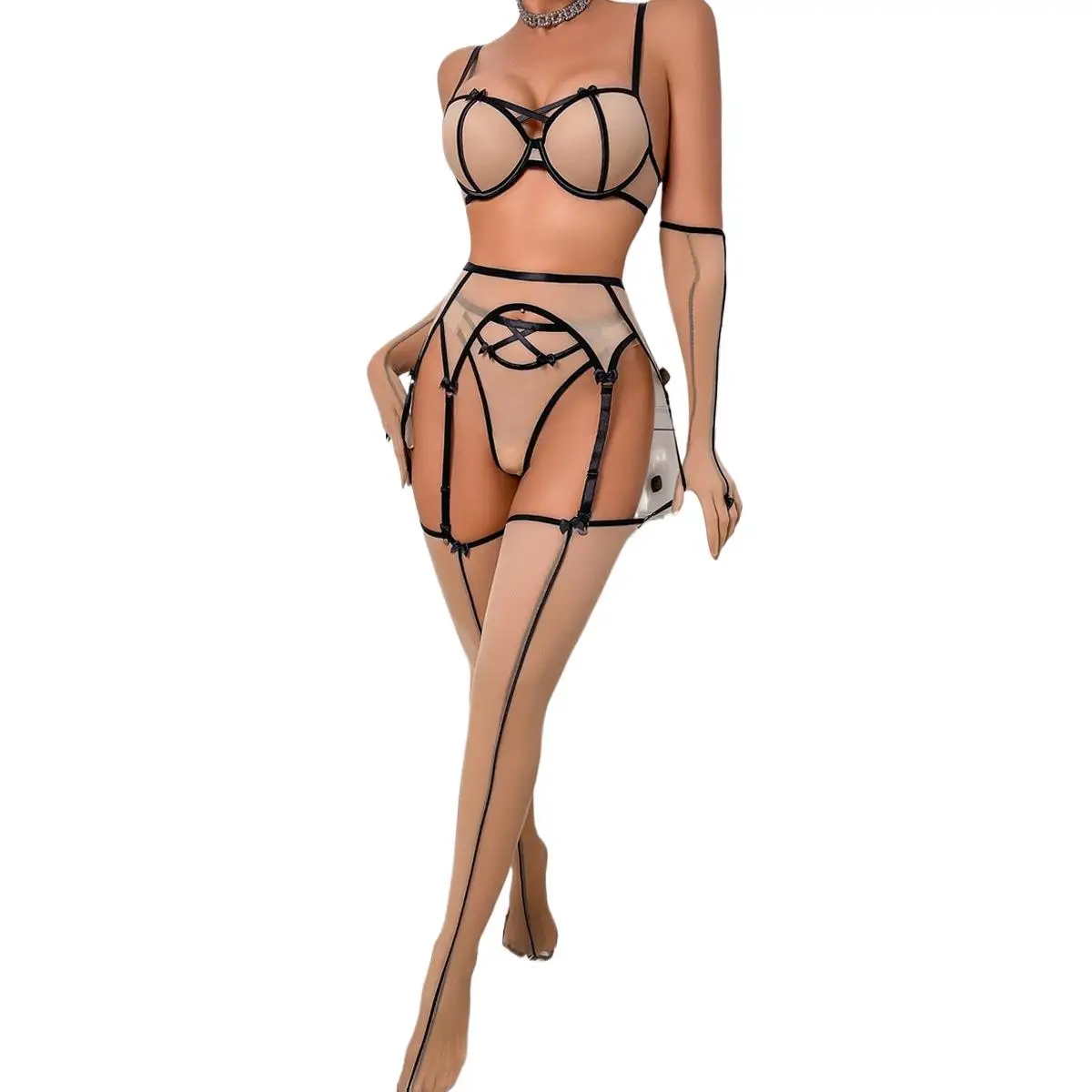 Nude 5 Piece Lingerie Set Women Sheer Mesh Underwire High Waist Garter Belt Gloves Stockings Hourglass Shaping Date Night