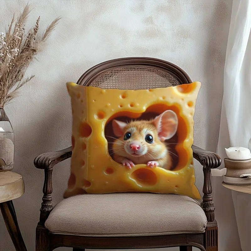 Cute Mouse-in-Cheese Pillow: Add a Whimsical Touch to Your Home! Sofa cushion cover, home room dormitory decoration, 2D printing
