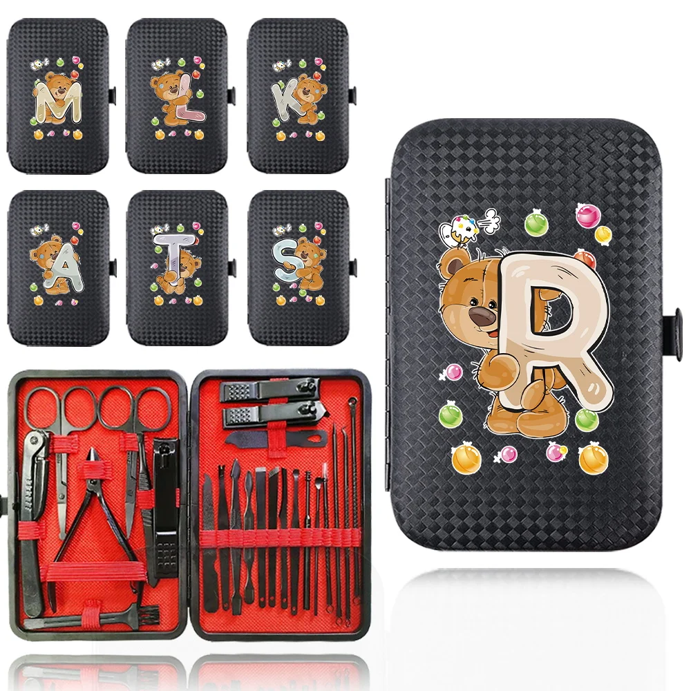 

24Pcs Stainless Steel Manicure Tool Nail Clipper Set Organizer Box Portable Pedicure Kit Bag Multifunctional Bear Letter Pattern