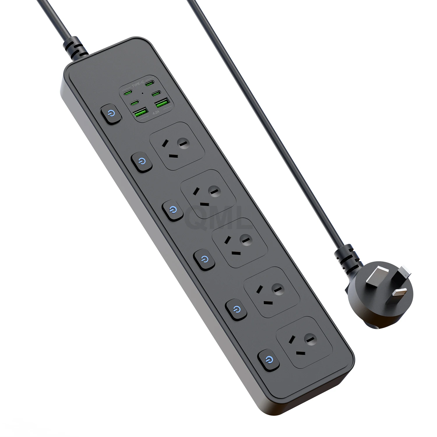 

AU Plug 3250W 250V 5Way Australian Power Strip With 2 USB Port 4 Type C Port 2M Wire AU Power Socket Network Filter Black White