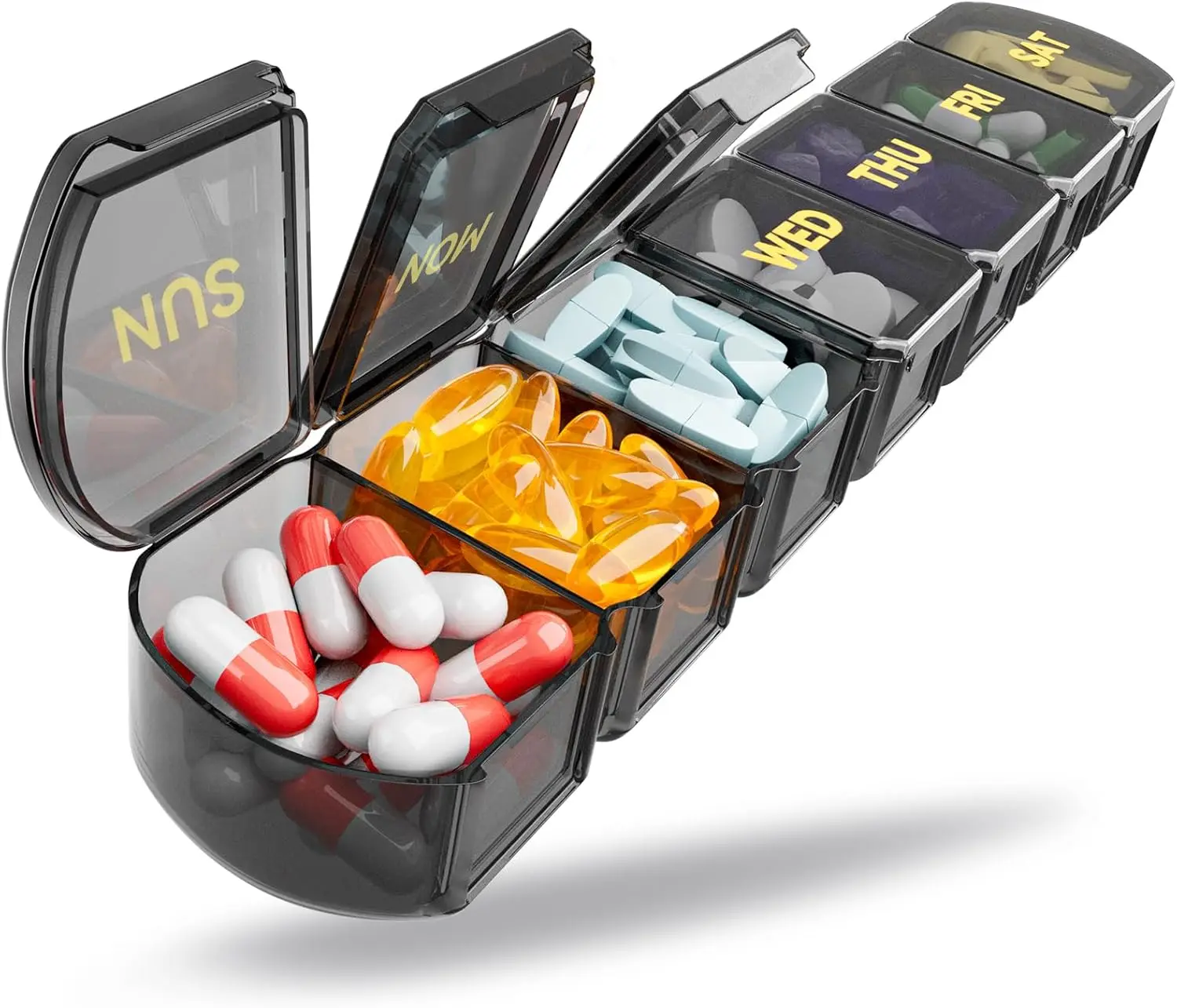 

Large Weekly Pill Organizer 7 Day Medicine Box with Easy-Open Lid, Daily Vitamin Supplement Holder for Travel, Black