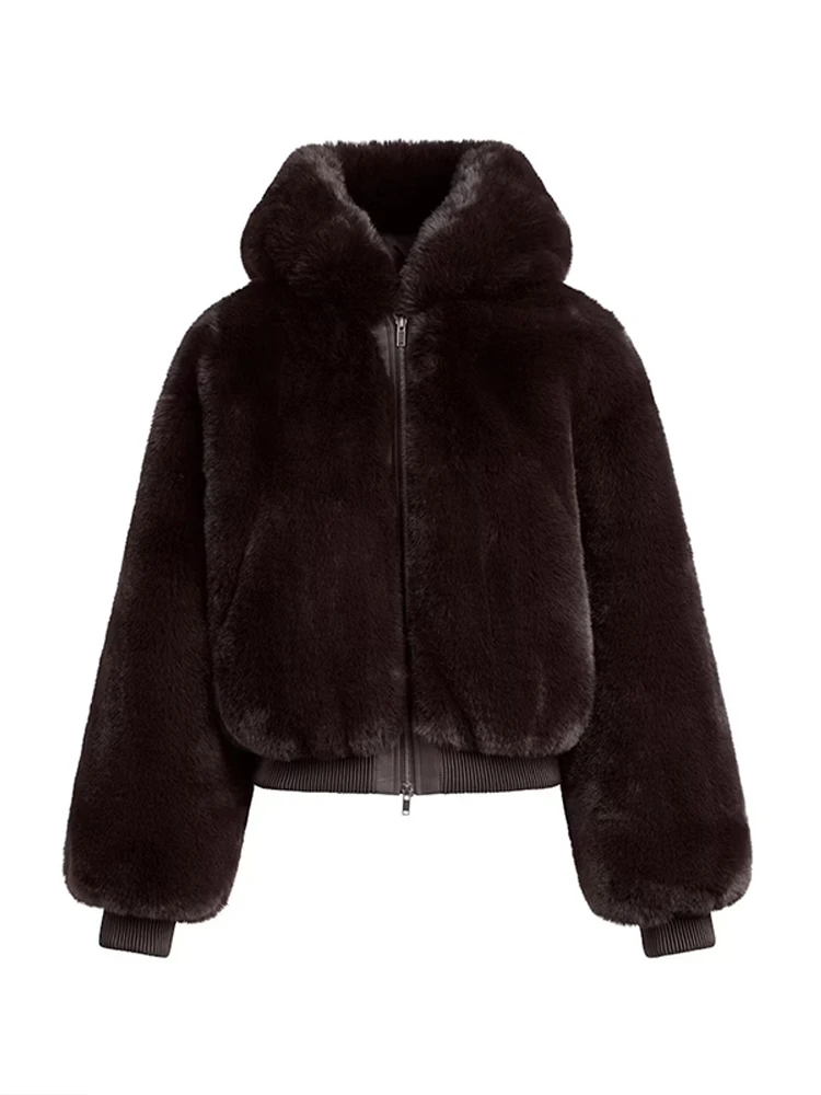 Damskie kurtki z kapturem z imitacji futra, modne, zapinane na zamek, z długim rękawem, grube, luźne, krótkie, ciepłe płaszcze damskie, odzież wierzchnia na zimę 2025.