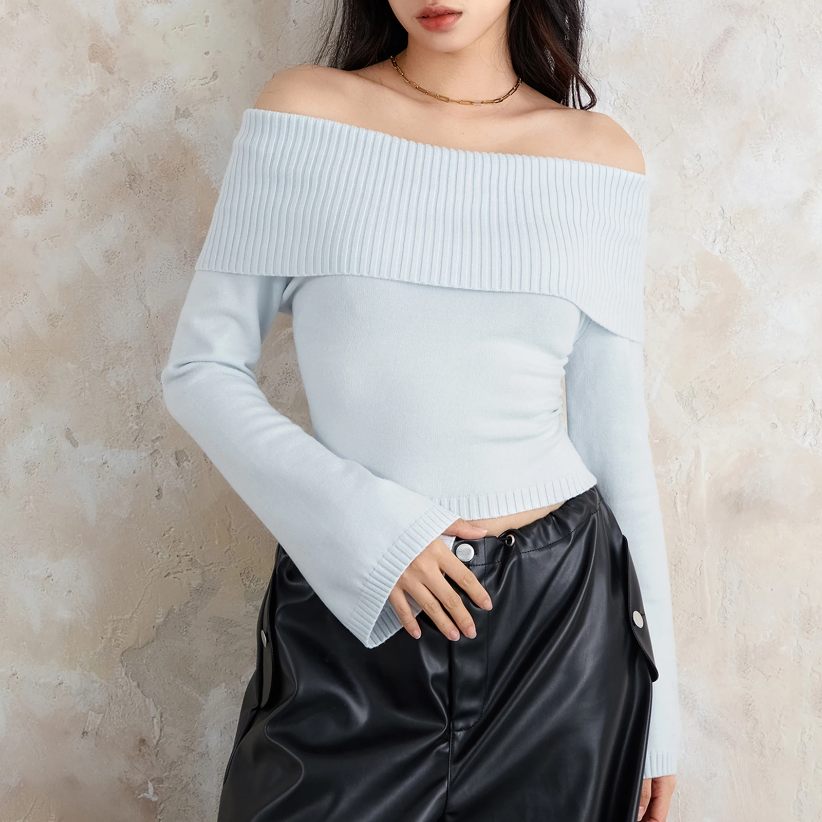 Fashion Women Slash Neck Knitted Sweaters Tops Streetwear Long Sleeve Off Shoulder Ribbed Pullovers Slim Fit Causal Jumpers