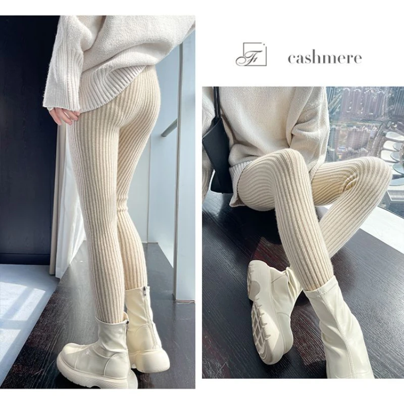

Knitted Ribbed Thicken Solid Elasticity Thermal Ankle-Length LegginsSlim Leggings Autumn Women High Waist Casual Trousers