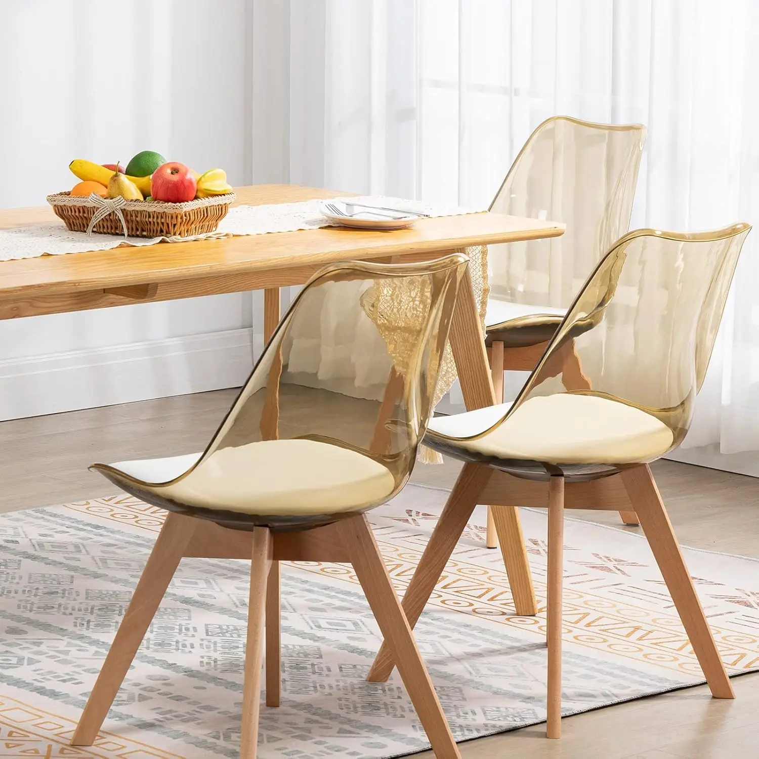 Ensemble de 4 chaises de salle à manger en acrylique transparent, siège avec coussins en cuir PU, pieds en hêtre massif, cuisine moderne