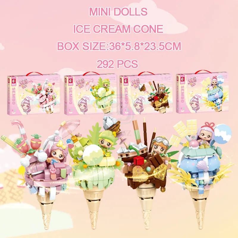 SEMBO Lot Candy Planet Strawberry Matcha Chocolate Sea Salt Vanilla Ice Cream Cone 4 Set Cute Gourmet Brick Toy For Girl Gift