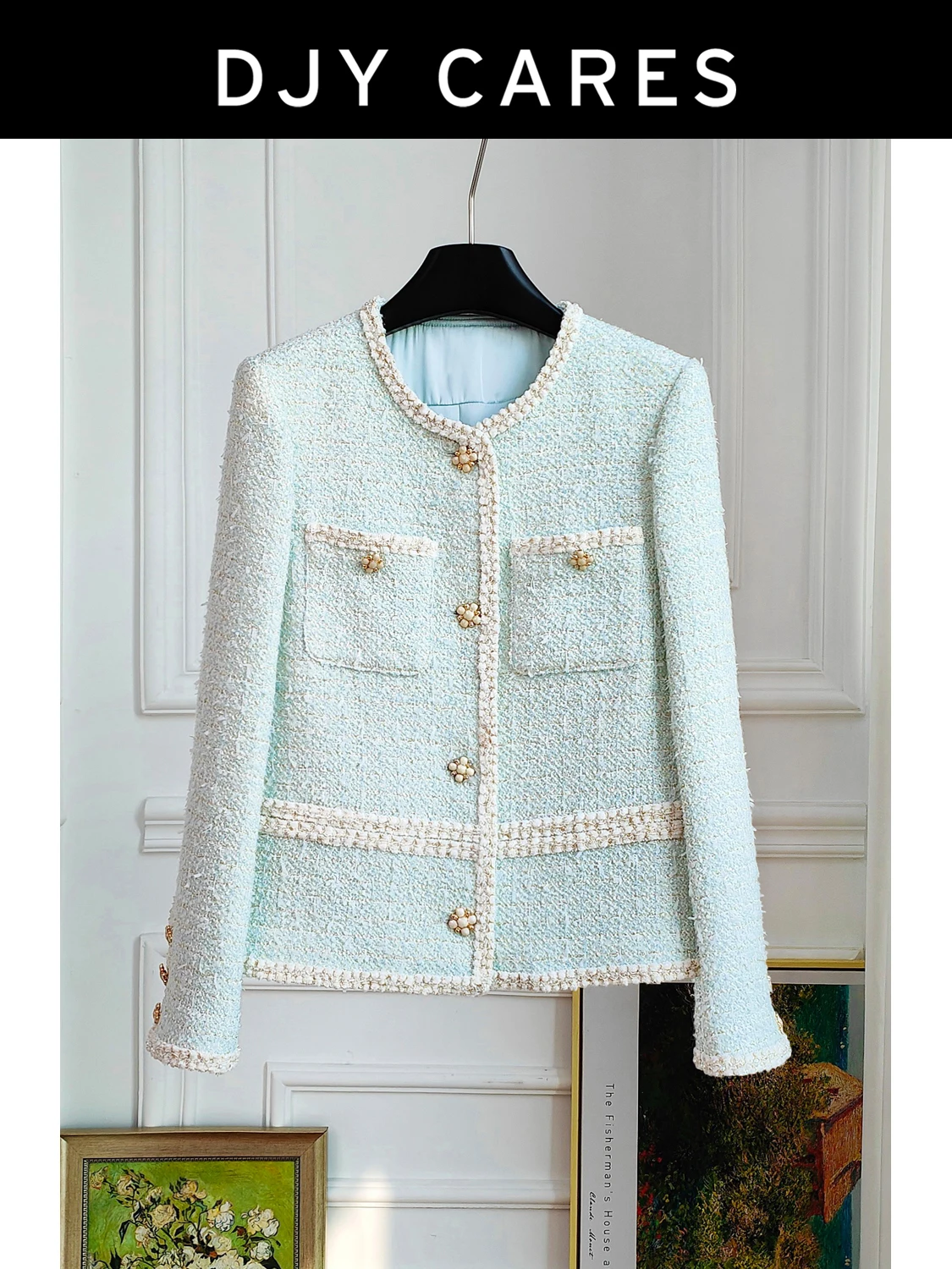 

New Coarse woolen woven versatile light blue long sleeved round neck big size