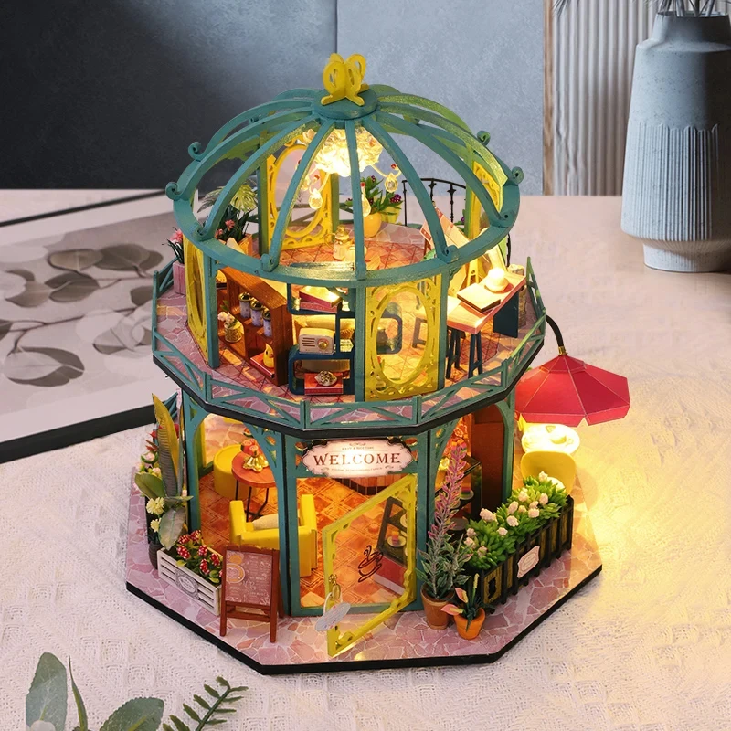 

OUZEY Romantic Coffee Store Miniature Wooden Dollhouse DIY Building Kit with Furniture Lights Adult Gift Doll House Home Decor