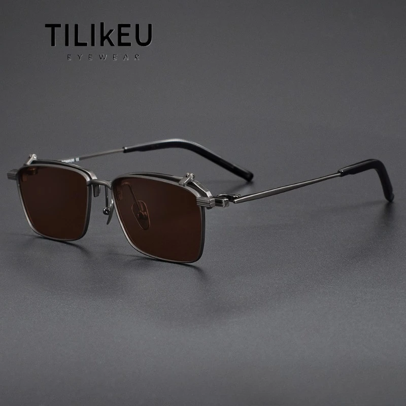 

New Technology Pure Titanium Upper Flip Frames Polarized Sunglasses for Men, High-end Trend Square Vintage Sunglasses UV glasses