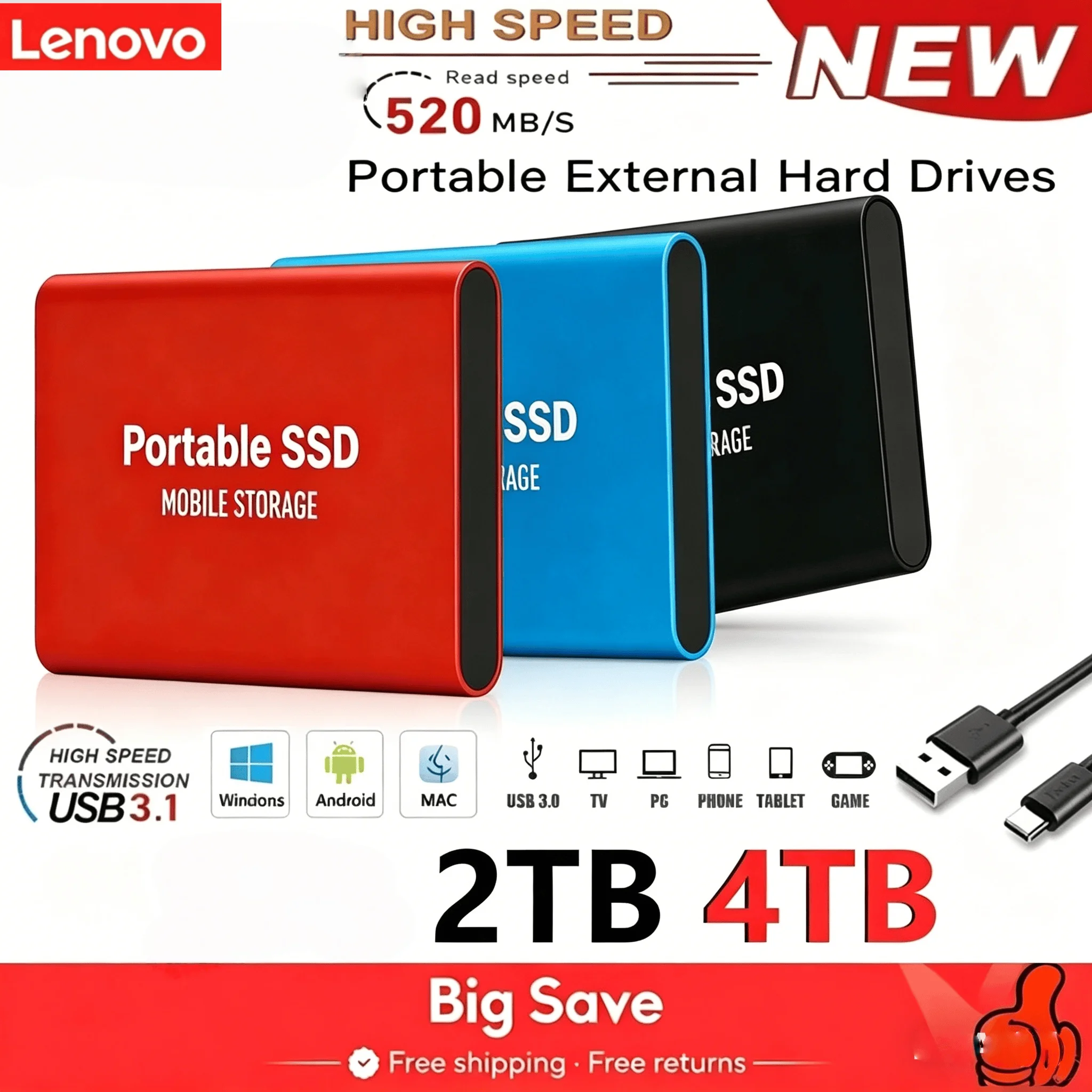 

Lenovo T5 Portable SSD 2TB 4TB USB 3.1 External Solid State Drive High Speed Mini Storage Disk For PS4 PS5 Xbox PC Laptop Gaming