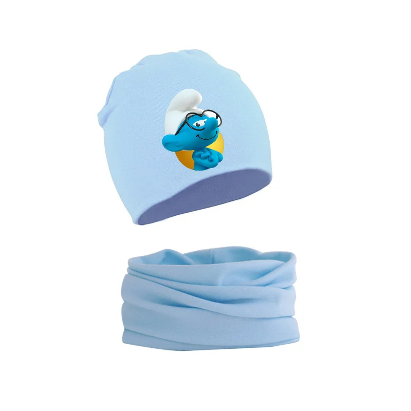 Smurfs Baby Hat Scarf 2pcs Suit Cartoon Warm Cap Neckerchief Set Soft Winter Decoration Toddler Infant Boys Cotton Hats Scarves