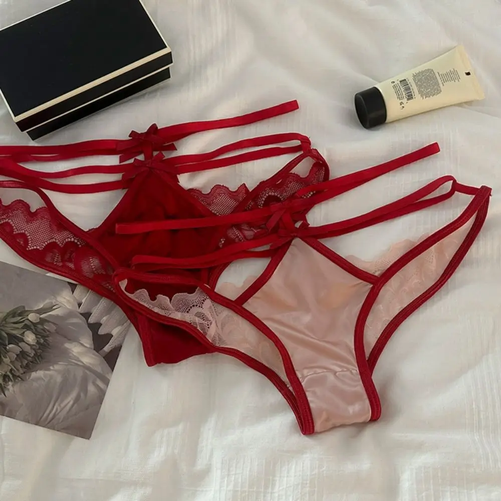 Light Luxury Hollowed-out Women's Underwear Mid Waist Satin Silk Lace Bow Panties Lingerie Thin Strap Mesh Briefs Honeymoon