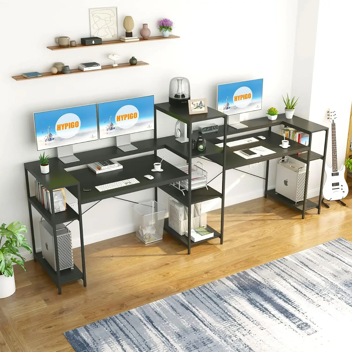 Two Person Computer Desk with Storage Shelves, 109 inches Extra Long Double Workstation Desk with Printer Shelf & Monitor Stand,