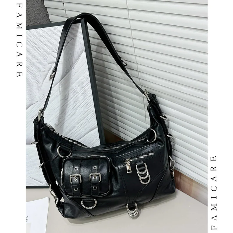 Edgy Vintage Genuine Leather Biker Shoulder Bag Female Convertible Crossbody Bags with Metal Details for Daily Use and Travel