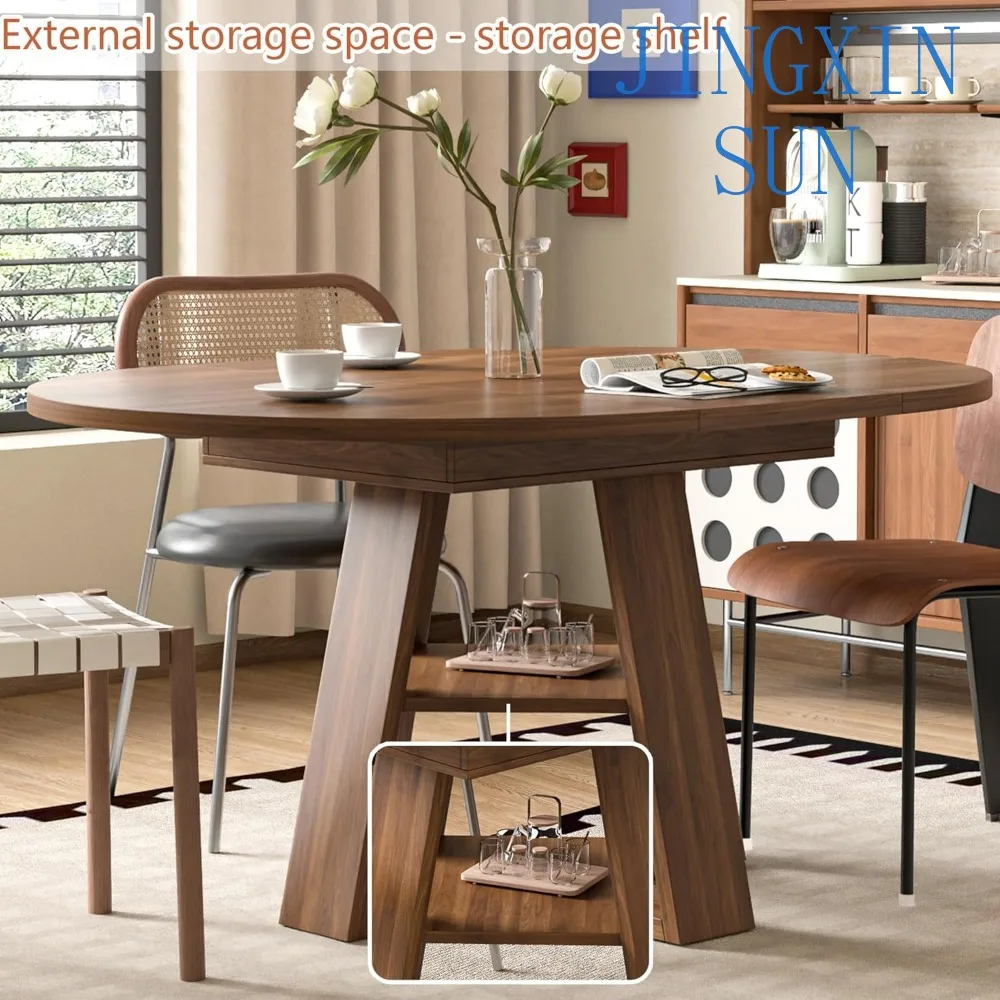43.3-59in Extendable Round/Oval Dining Table – 4-8 Seater with Removable Leaves, Wood Base for Small Kitchens & Gatherings