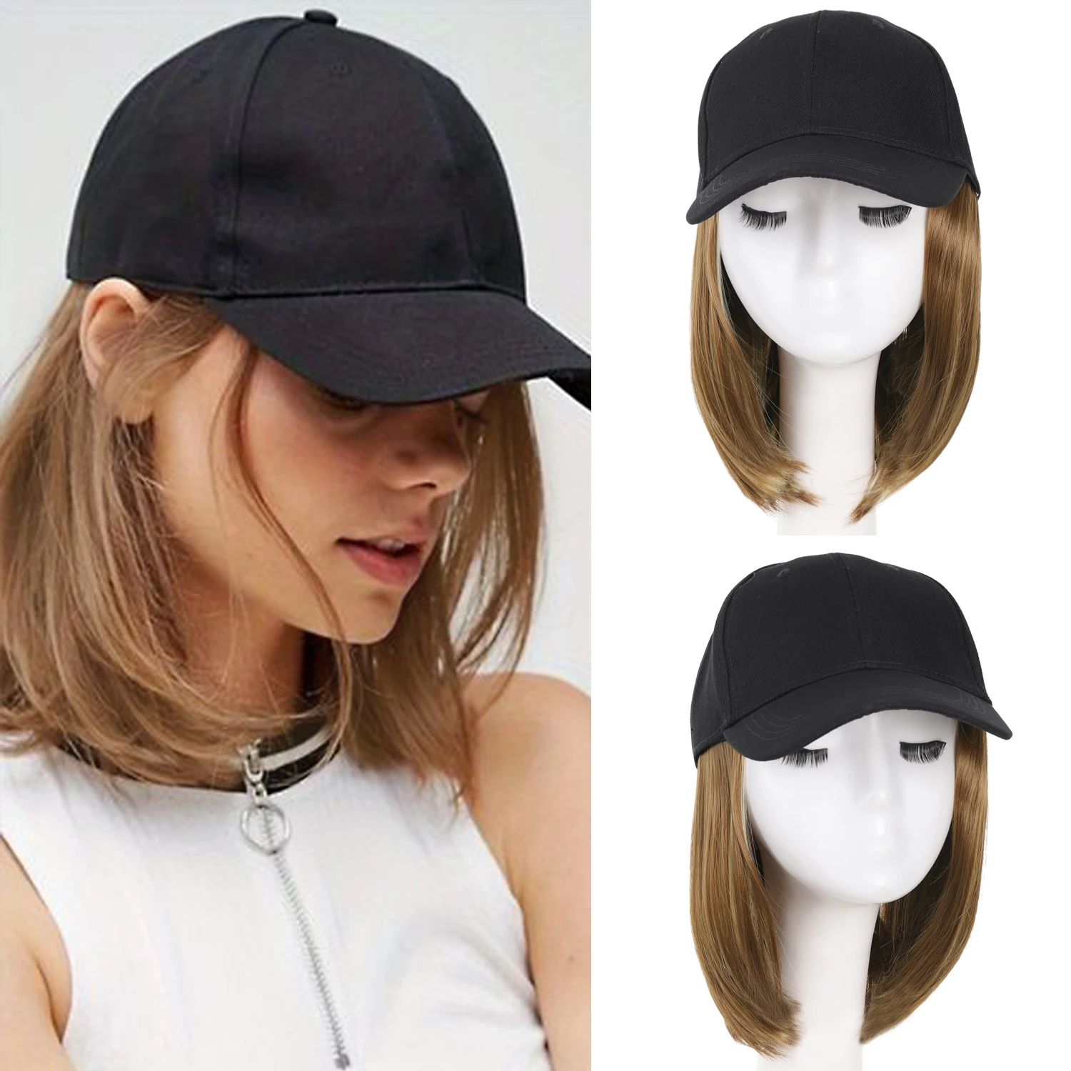 

Baseball Cap with Hair Extensions for Women Heat Resistant Synthetic 6 Inch Adjustable Short Straight Hairpiece Replacement Wigs