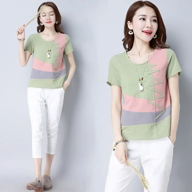 2026 Ethnic Women's Cotton Linen Artsyretro Short-sleeved Tops Summer Loose Bottom Shirt New Arrival Graphic T Shirts