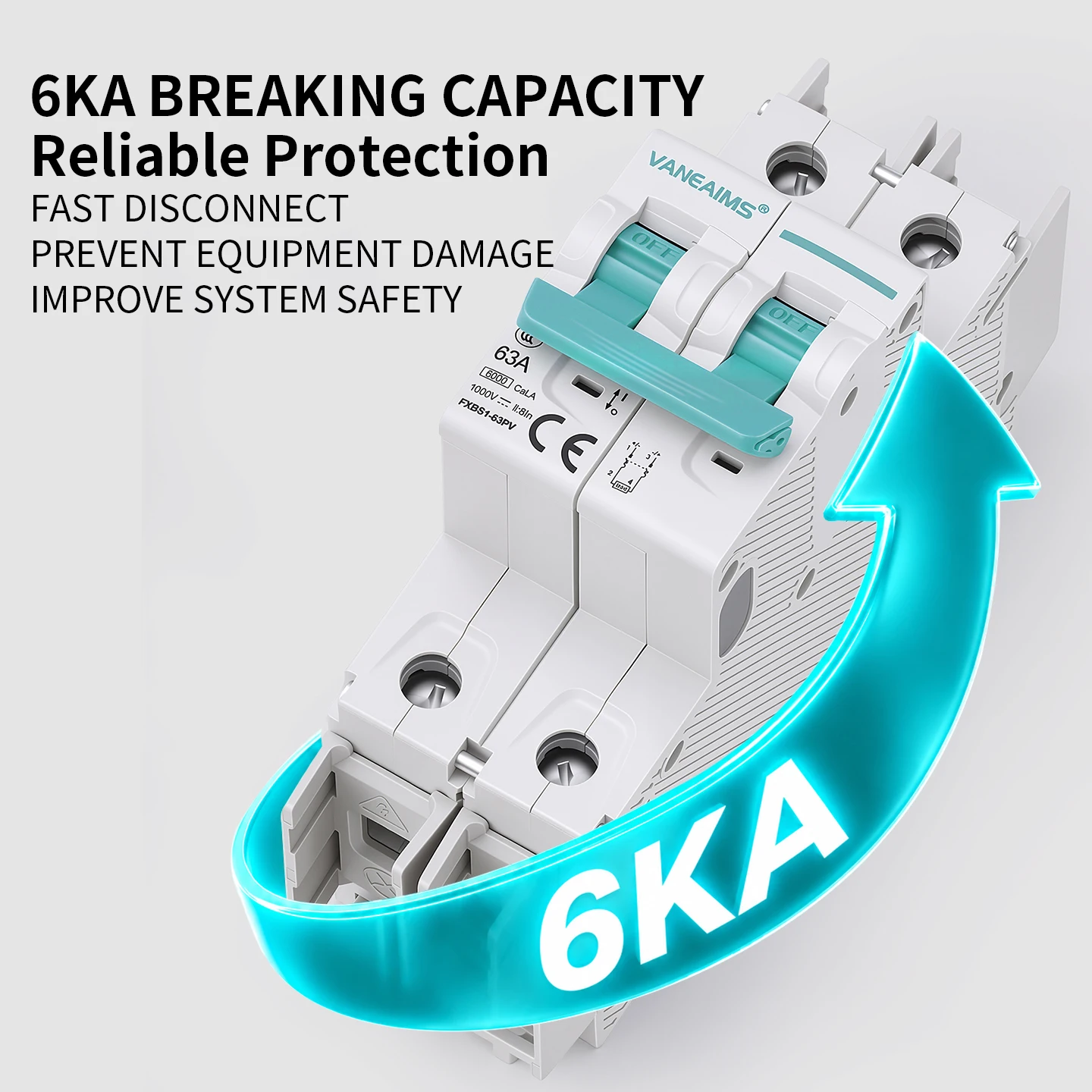Solar DC Circuit Breaker 6KA Breaking Capacity MCB 1P-DC500V 2P-DC1000V 3P-DC1500V DIN Rail PV Mini Circuit Breaker 16A 32A 63A