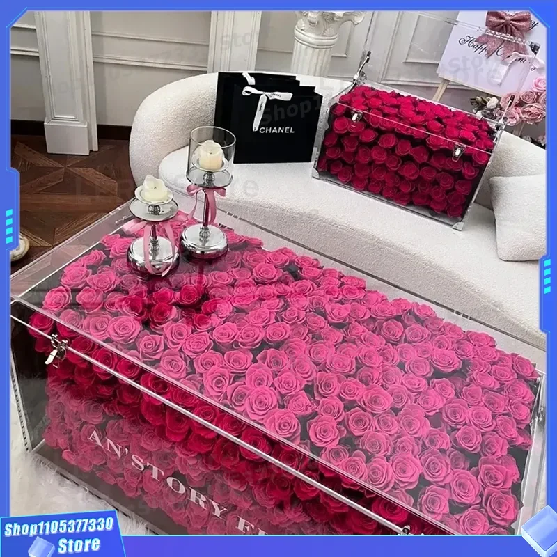Preserved Real Rose in Acrylic Box with Handle Romantic Valentine Gift for Her Eternal Flower Display Case Coffee Table Decor