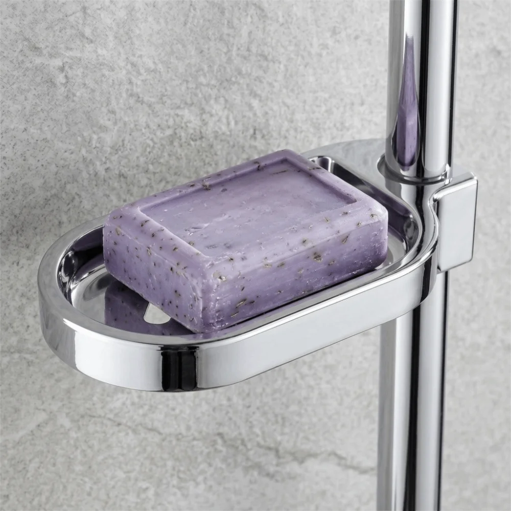 Practical Gadget ABS Soap Dish Clip-on Design Adjustable Shower Rod Soap Dish No Drill Silver Soap Tray Shower Organizer