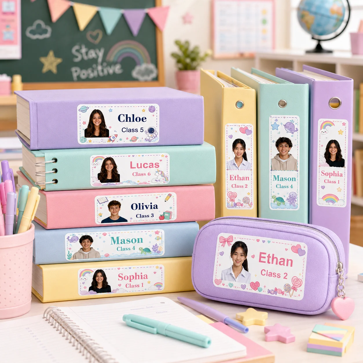 Customized Photo Name Class Stickers, Personalized Student Labels, Suitable for Books, Notebooks, Pencil Cases, Water Bottles, Lunch Boxes, and School Supplies