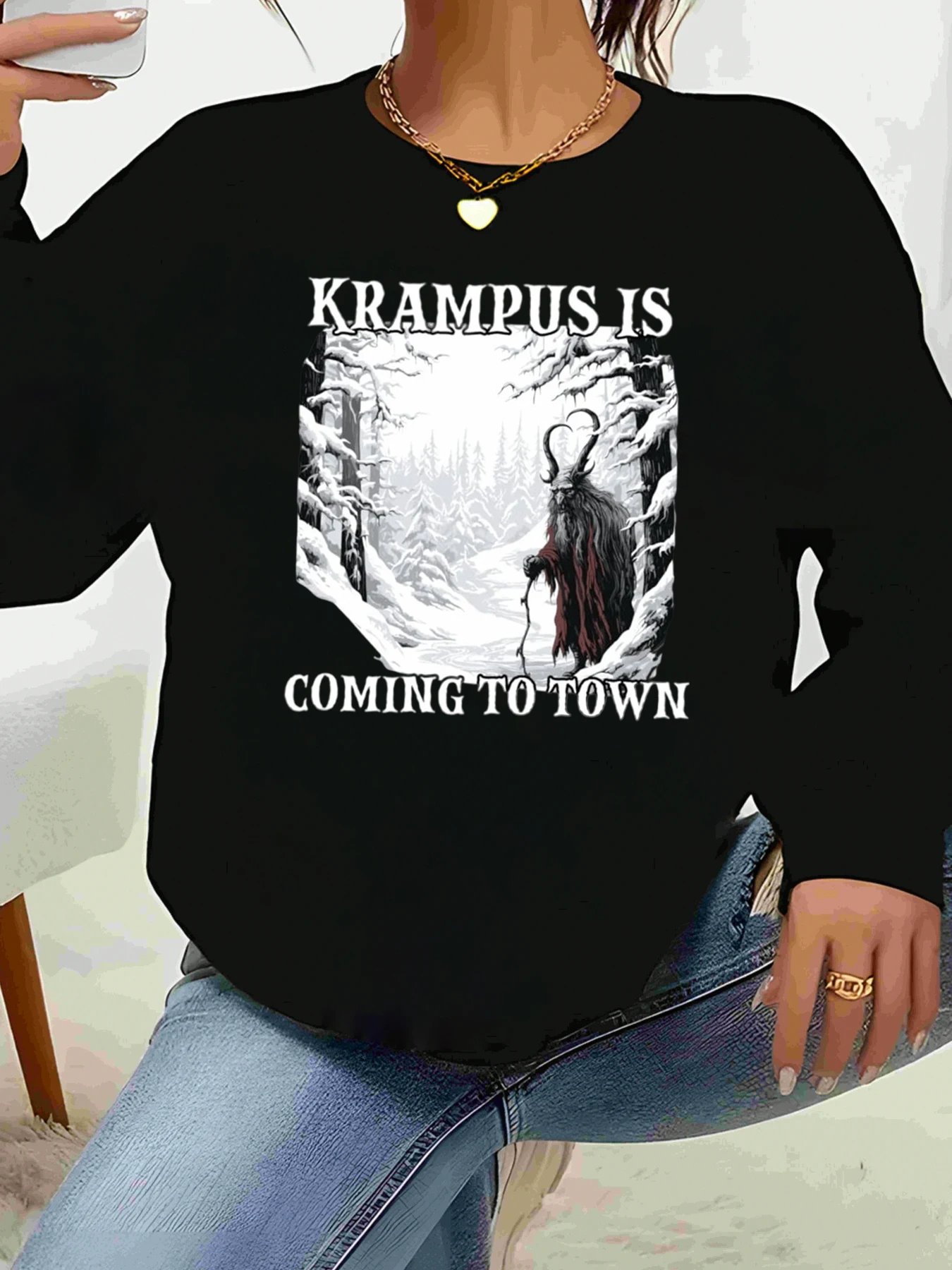 

Рождественский свитшот с длинными рукавами и принтом Krampus Is Coming to Town, праздничная одежда для женщин