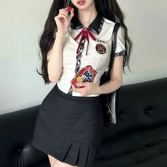 Nuova camicia uniforme scolastica in stile American Academy Hot Girl Fashion Patchwork Jk UNIFORM Gonna corta a pieghe scozzese dolce e versatile