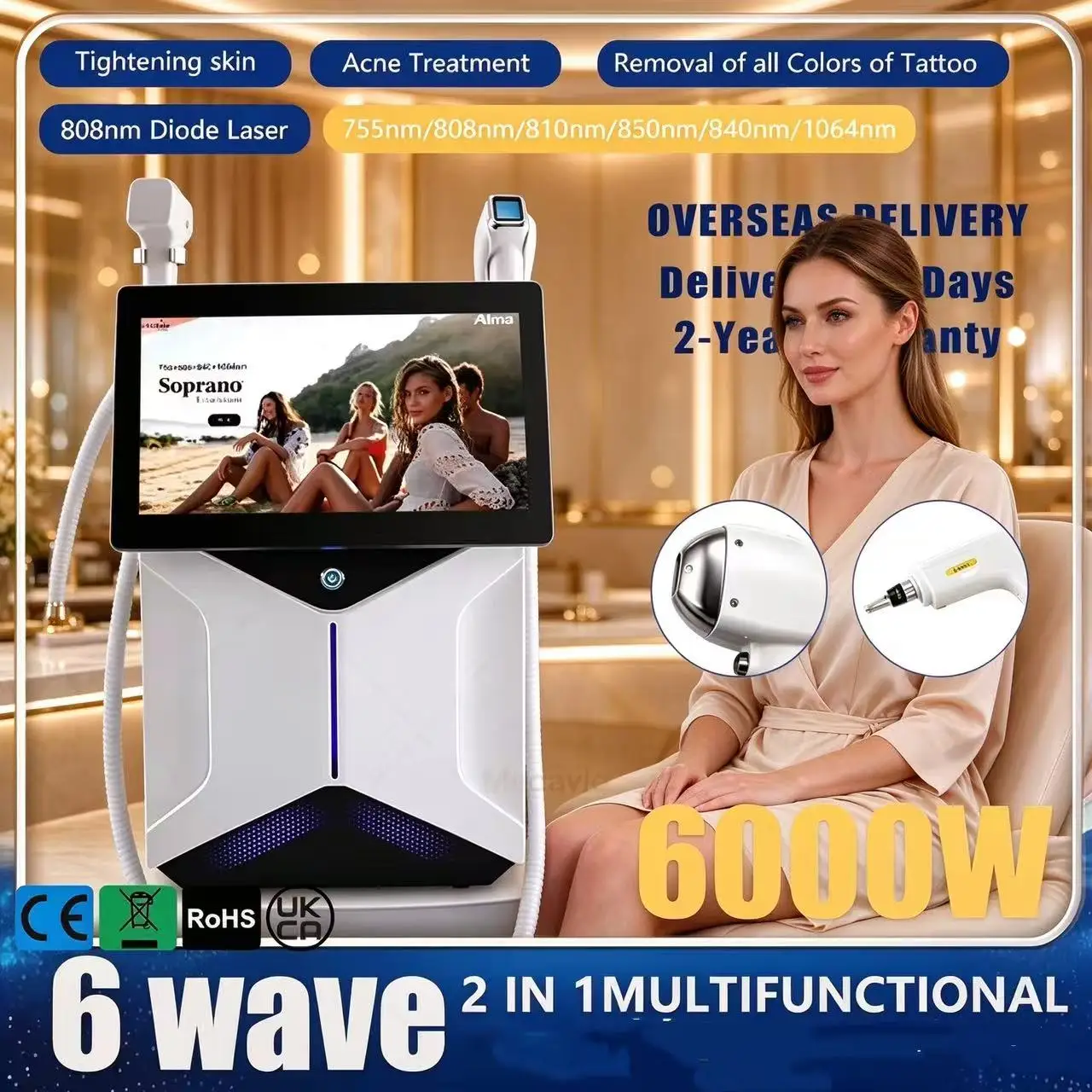6000W FAC Soprano 2-In-1 Picosecond Diode Laser, 6-Wave Permanent Hair & Tattoo Removal Machine Salon Use