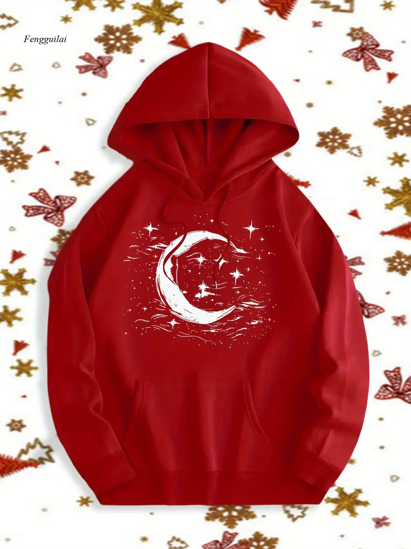 

Couple Hoodie - Full Moon & Stars Print Sweater, Warm Hooded Pullover for Halloween/Christmas Gifts, Couples Outfits