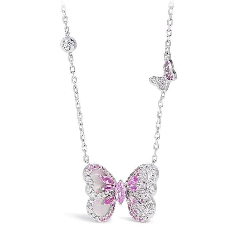 Bellux Pink Gradient White Shell Corundum Butterfly Pendant Fine Jewelry S925 Silver Gold Plated Necklace