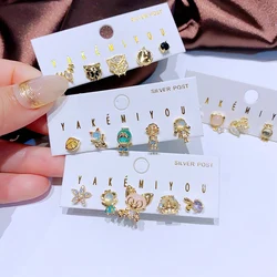 MIGGA 4pcs Cute Cubic Zirconia Cartoon Stud Earrings Set for Women Gold Color Plated Fashion Jewelry