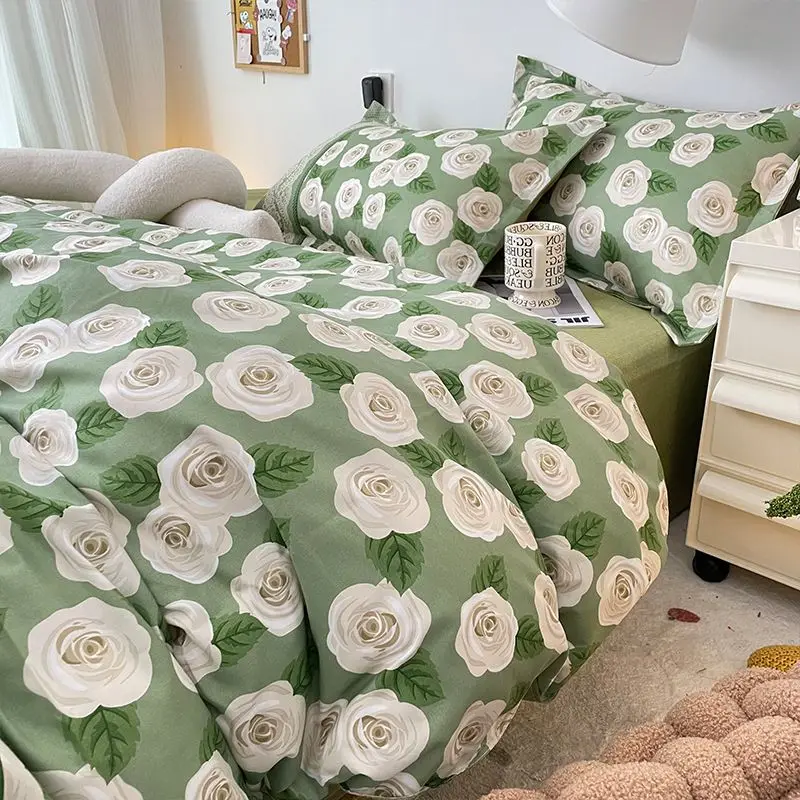 Floral Ins Duvet Cover Set Fashion Green Cream Korean Girls Boys Queen Single Szie Pillowcases Flat Sheet Soft Bed Linens