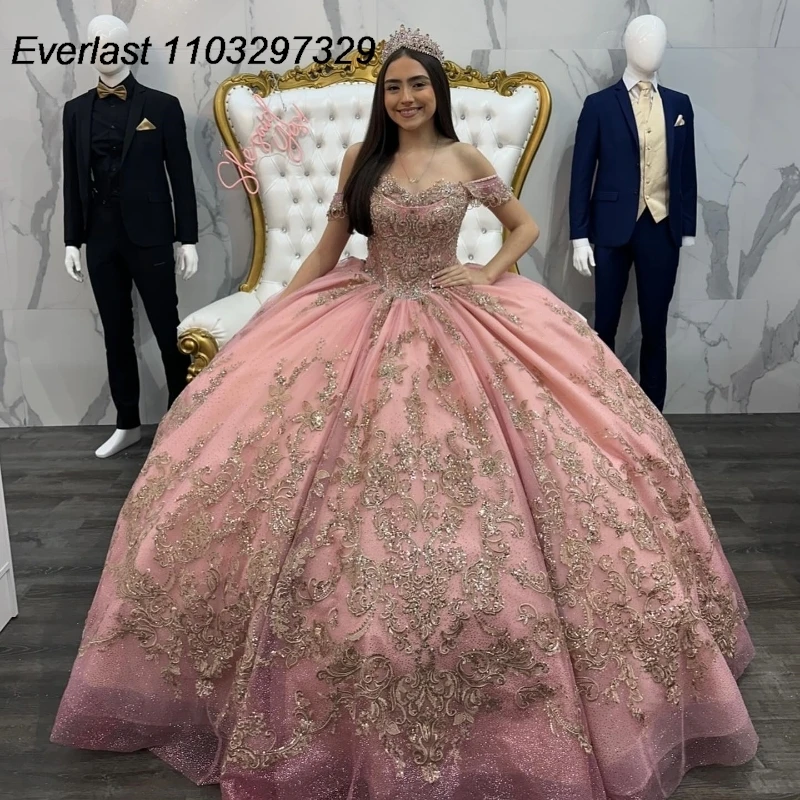 

EVLAST Bling Pink Quinceanera Dress 2024 Ball Gown Gold Lace Applique Beading Crystal Corset Sweet 16 Vestido De 15 Anos TQD379