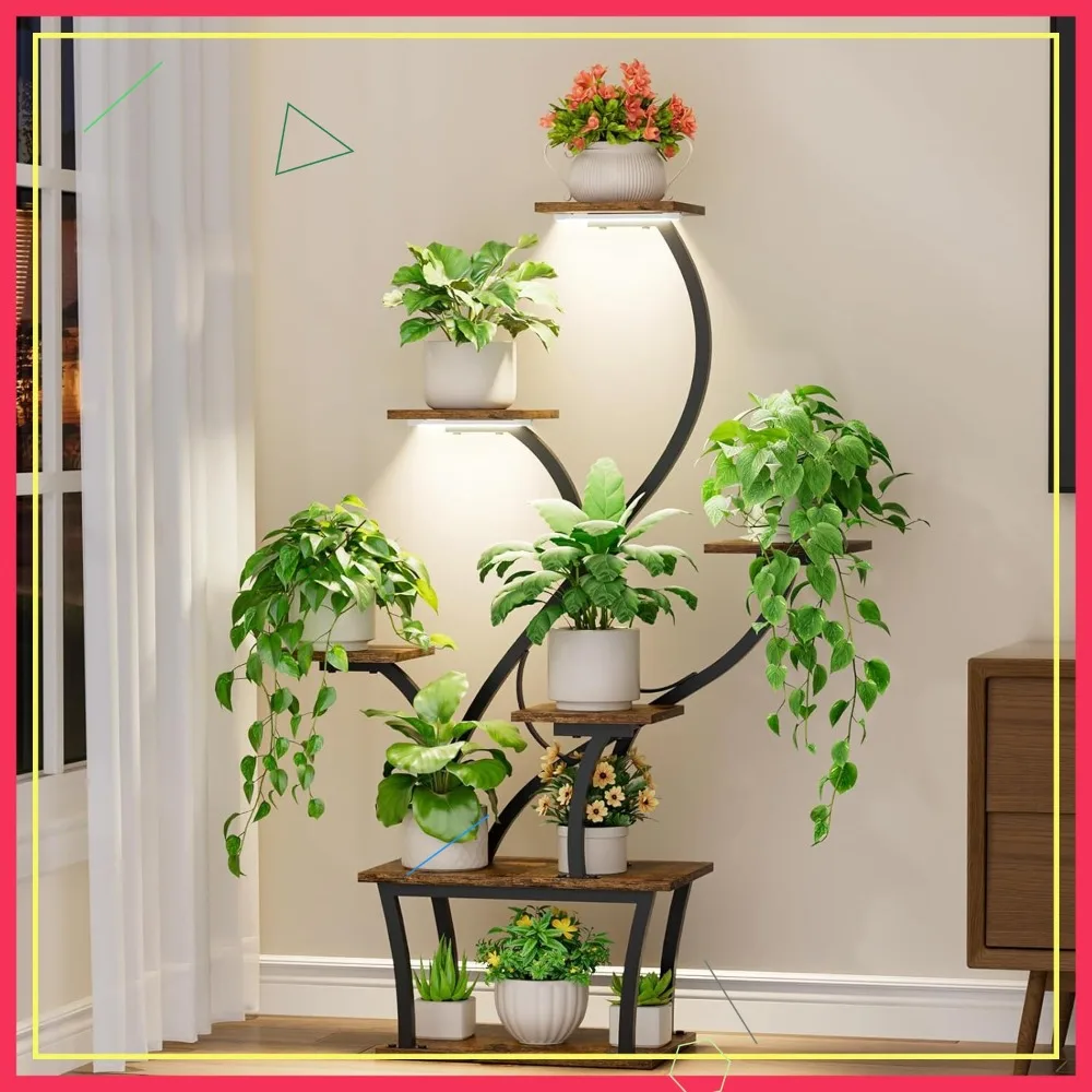

7-Tier Corner Plant Stand with Grow Lights, 47" Tall Indoor Flower Shelf for Home Living Room Patio Decor Black