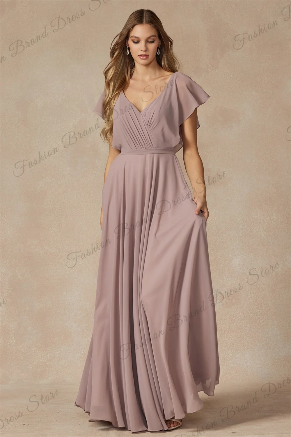 Chiffon Off-the-shoulder V-neck Bridesmaid Dress for Wedding Corset Short Sleeves Formal Evening Gowns A-line Long Prom Gowns