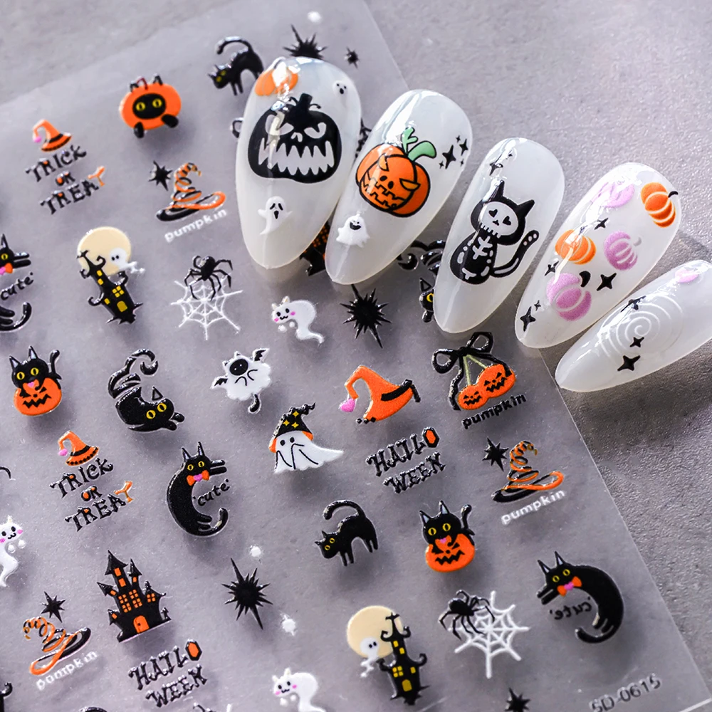 1pcs Dark Horror Skull Pumpkin Head Nail Decals Black Bat Spider Ghost Face Halloween Nail Stickers Halloween Nail Decals Supply