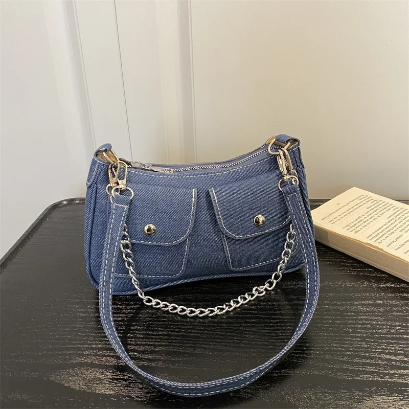 Vintage Double Pocket Denim Shoulder Underarm Bags for Women Thread Design Ladies Crossbody Bag Simple Solid Color Girls Handbag