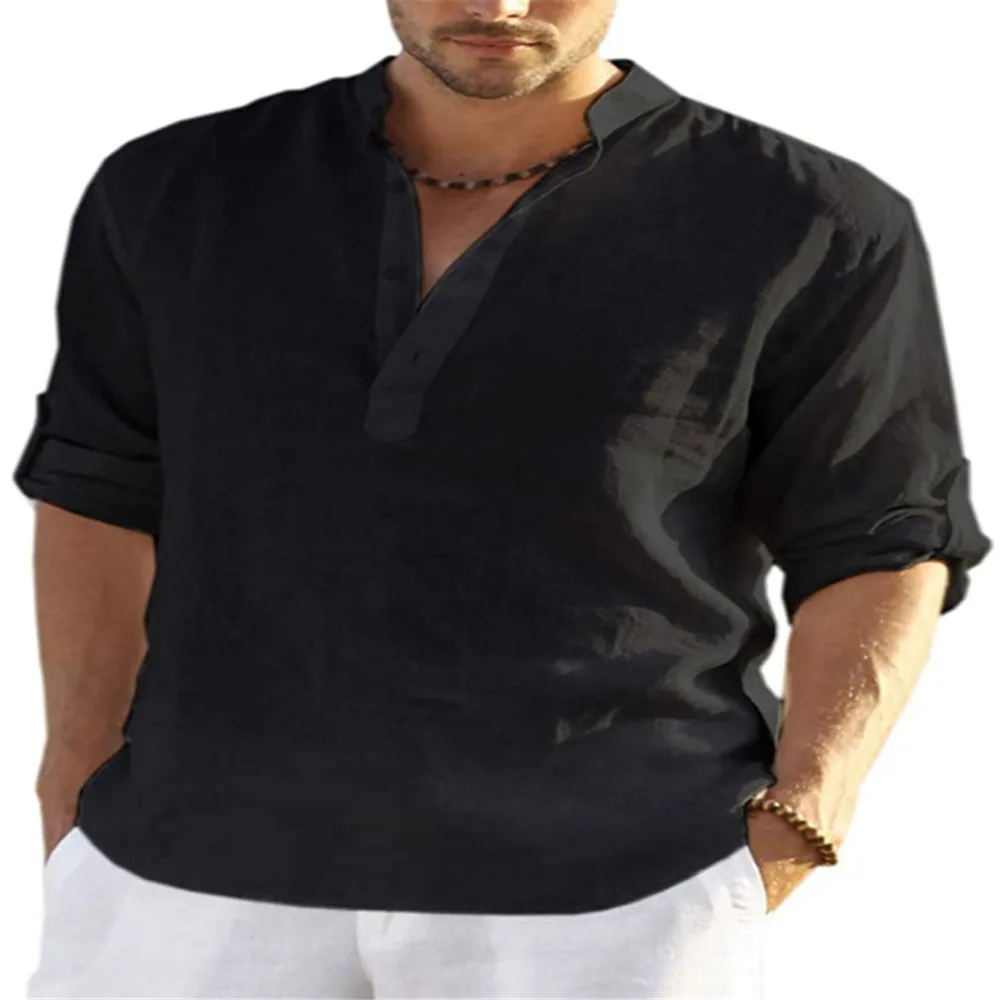 Men Button Beachwear Blouse Tops Casual Male Cotton Linen Solid Color Stand Collar Holiday Blouse Shirts LRFZ-5878