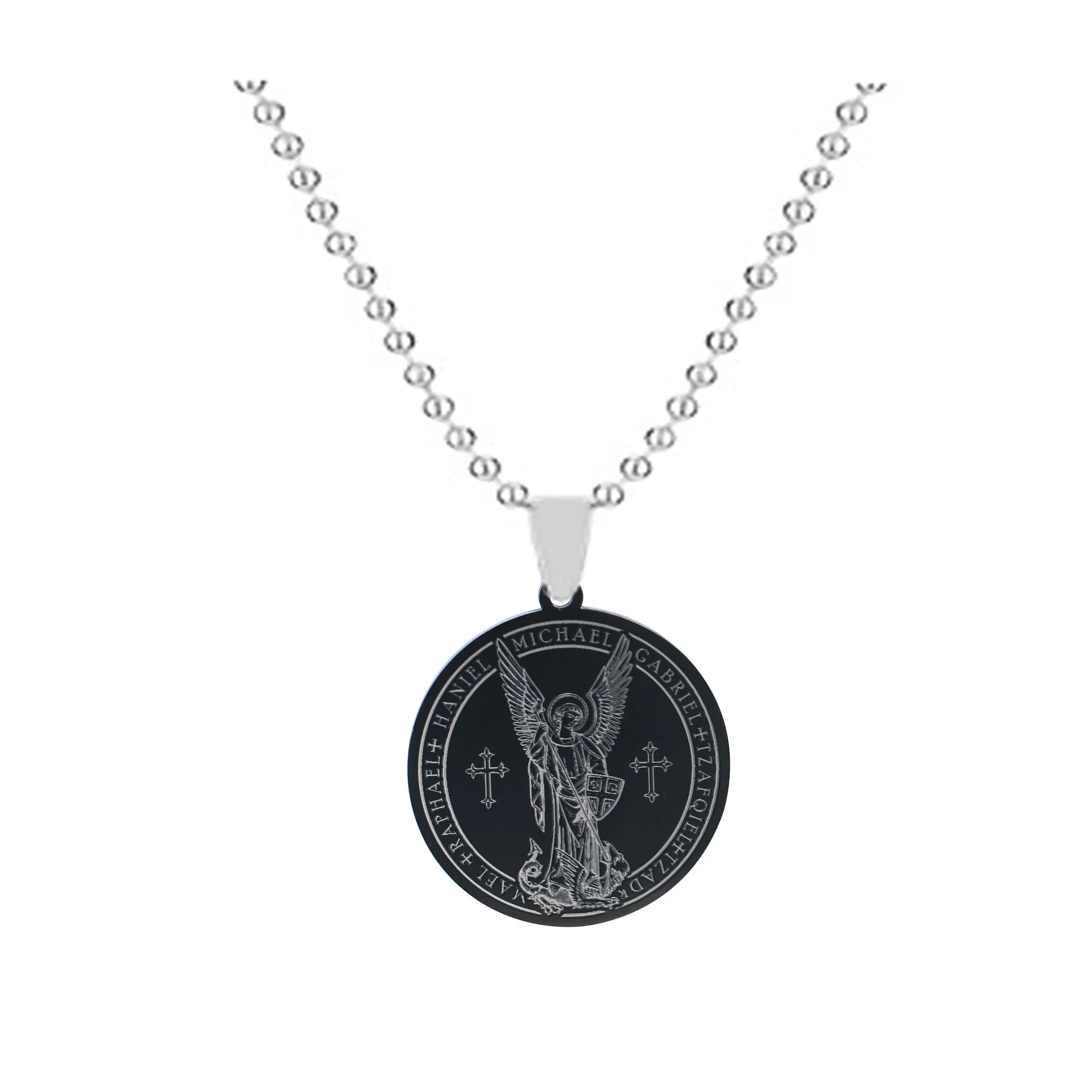 Archangel Saint Michael Necklace Protection Round Pendant Stainless Steel Chain for Men Women Amulet Jewelry