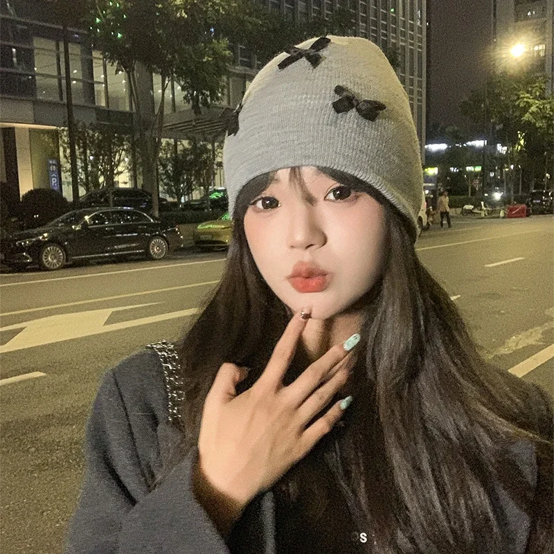 단색 리본 여성 모자 가을 겨울 니트 따뜻한 비니 소녀 방풍 크로셰 귀 보호 캡