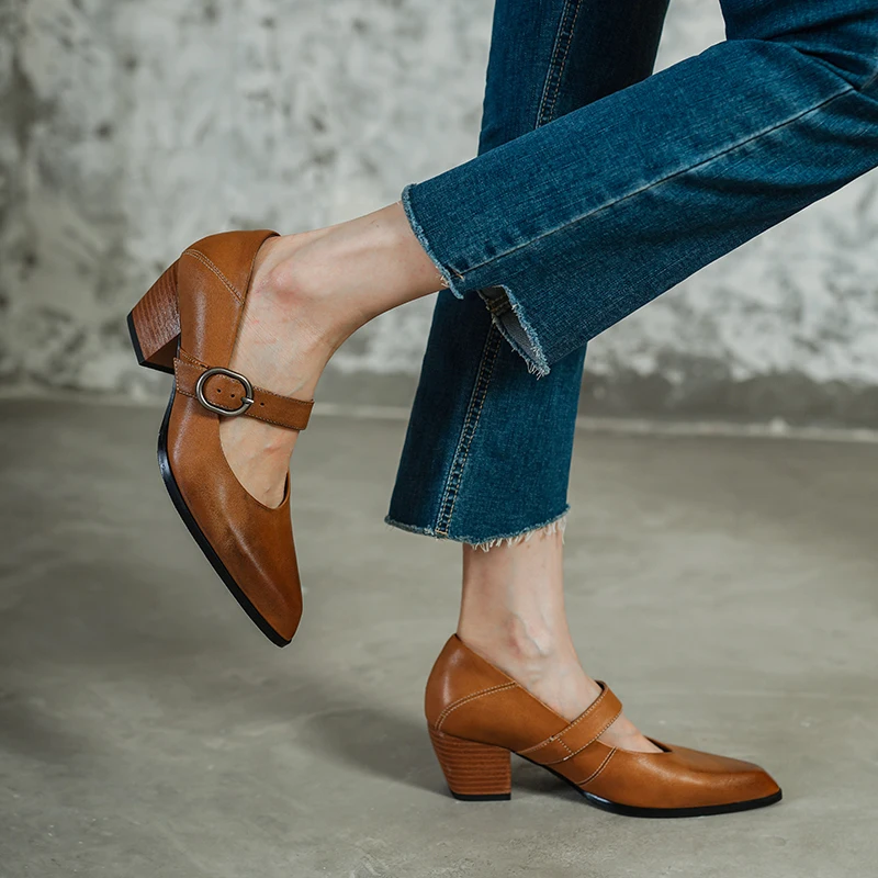 Women Pumps Real Leather High Heels Mary Jane Shoes Block Heels Pointed Retro Simple Shoes Handmade Spring Autumn Daily Pumps